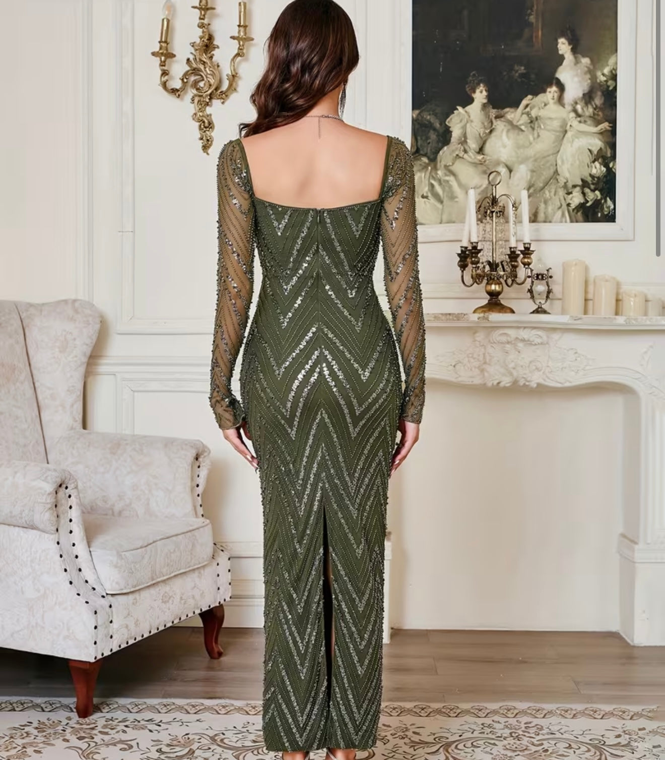 slimming wedding guest dresses Elegant Romantic Sexy Slim-Fit Women's Green Bridal Long Sleeve Floor- – Wild Younder Perfect for wedding attendance Men's Vacation & Resort costume-decades Color:Flower Fan Tapestry Off-White