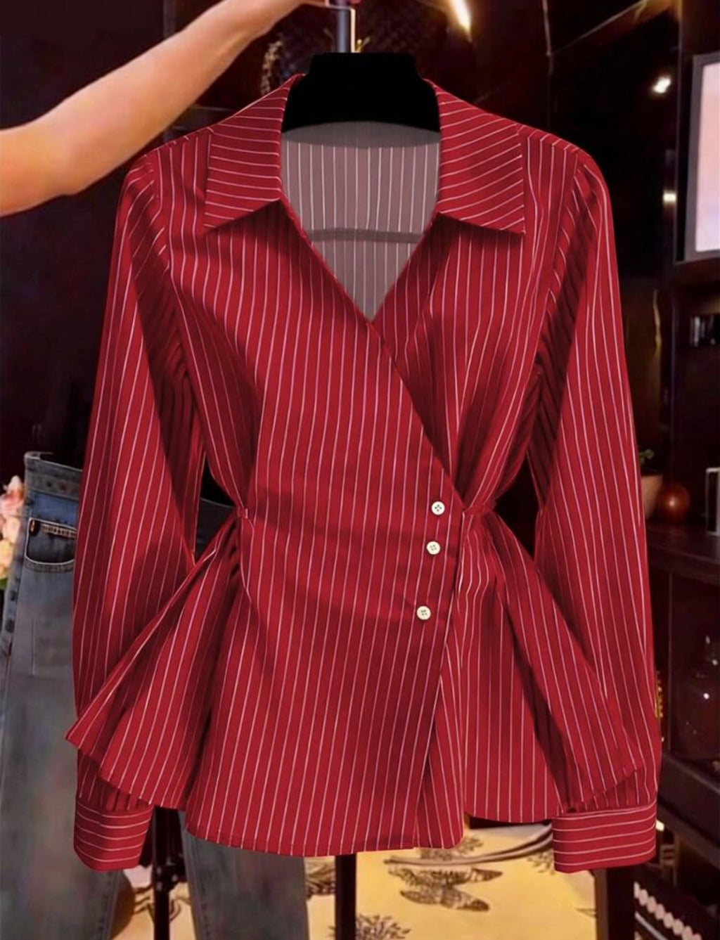 Women's Spring/Autumn New French V-Neck Tie-Waist Casual Long Sleeve Blouse Red
