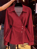 Women's Spring/Autumn New French V-Neck Tie-Waist Casual Long Sleeve Blouse Red