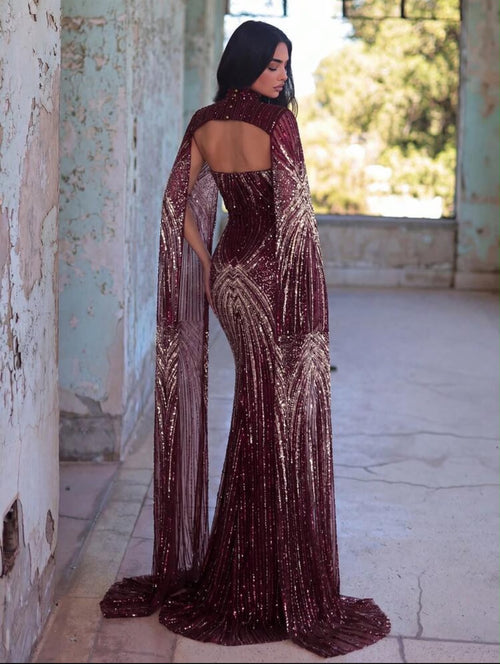 Faeriesty Luxurious Mermaid Tail Flare Sleeve Beaded Formal Dress