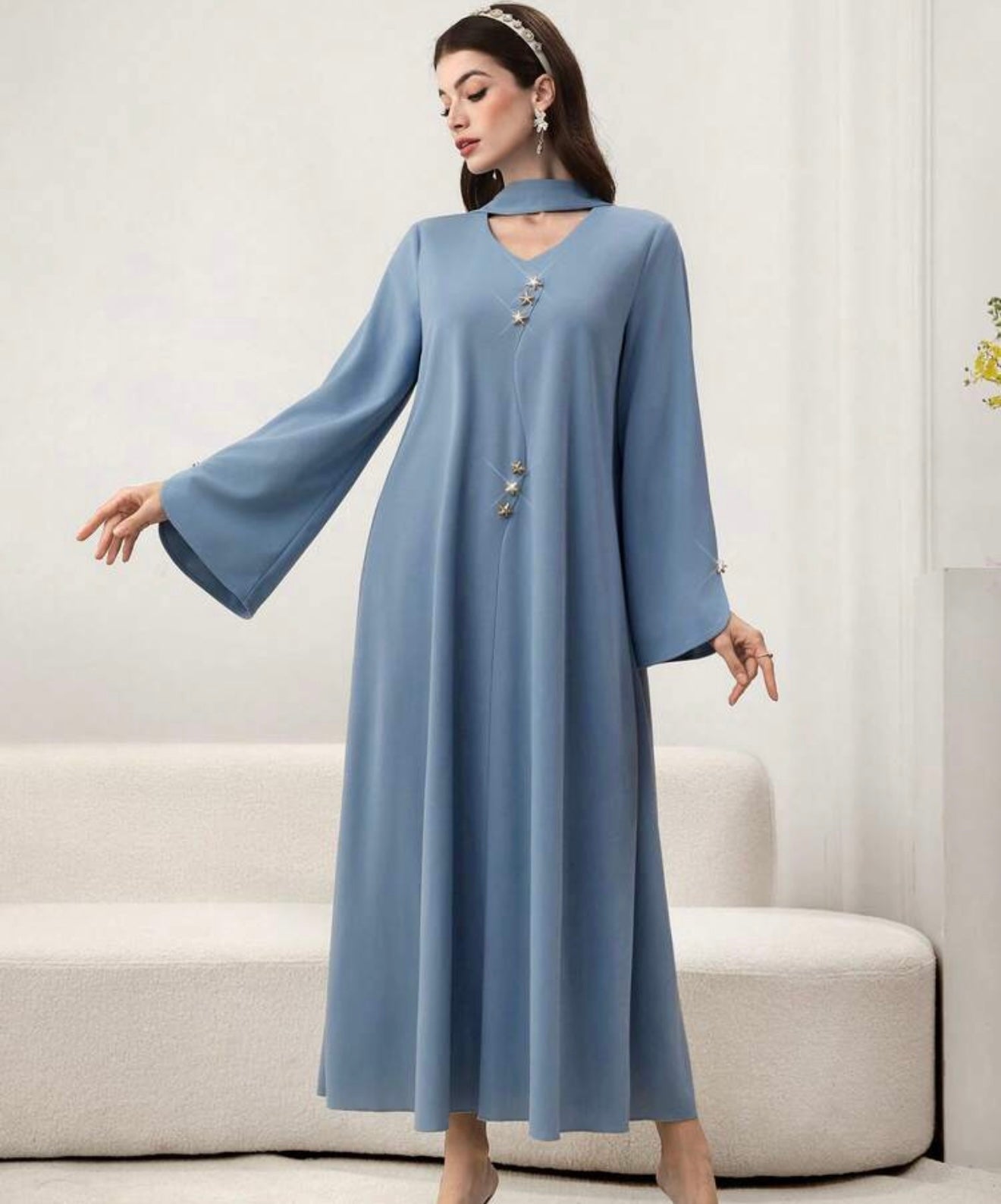 Women's Spring Blue Knitted Long Sleeve Arabic Dress,