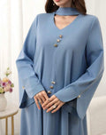Women's Spring Blue Knitted Long Sleeve Arabic Dress,