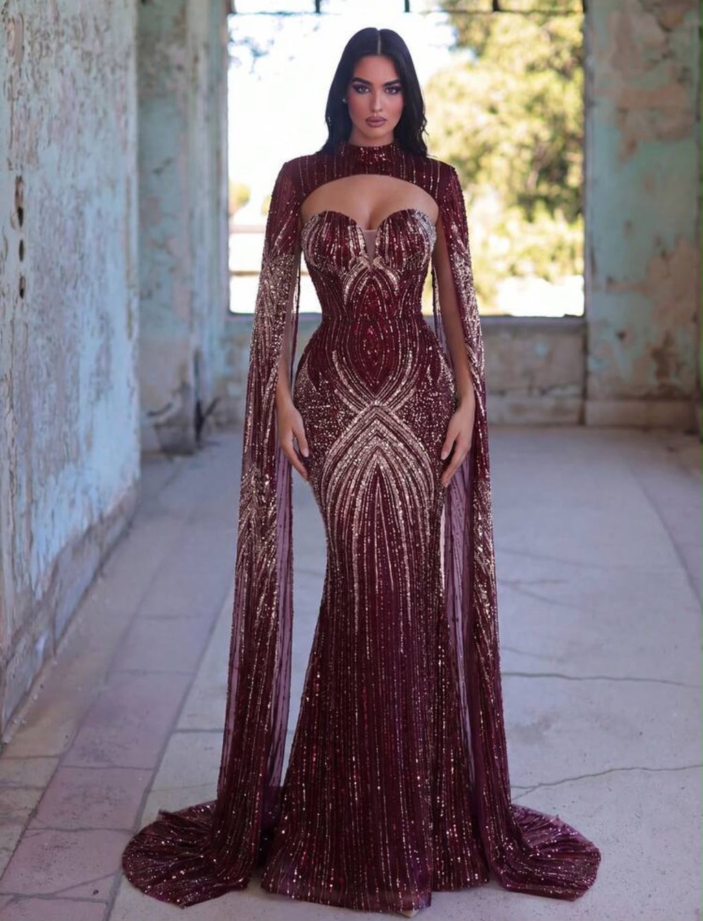 Faeriesty Luxurious Mermaid Tail Flare Sleeve Beaded Formal Dress